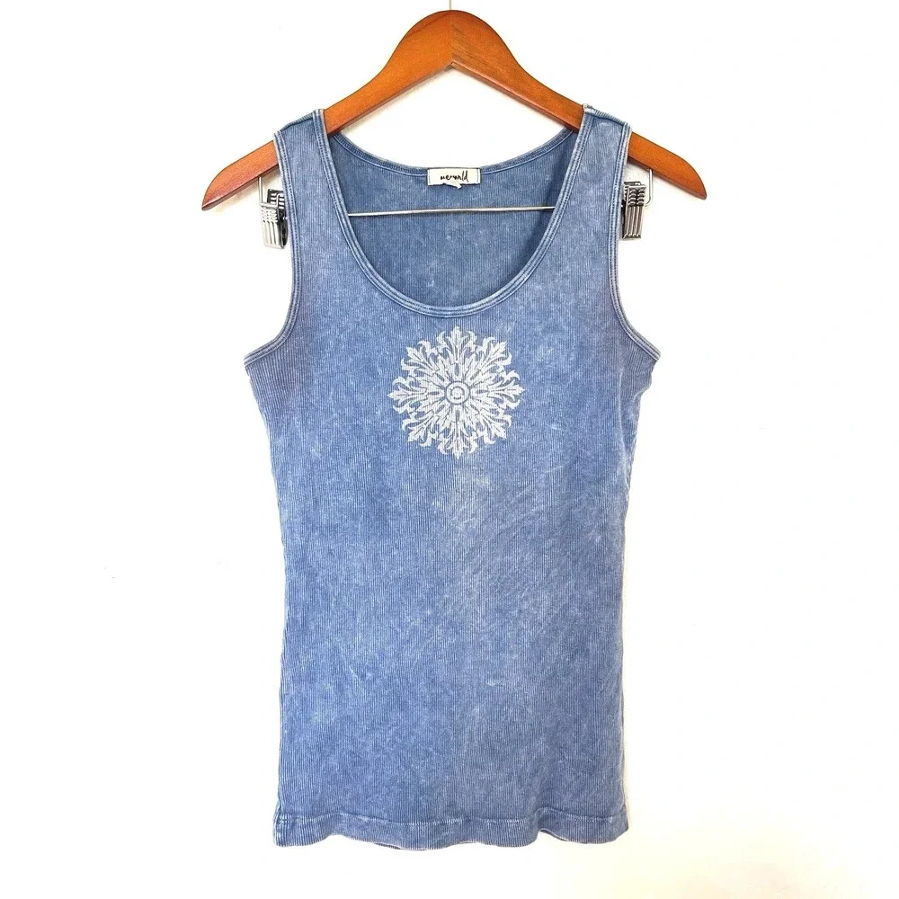 Vintage Y2K One World Ribbed Tank Top Size M Blue Hippie Boho Festival Coachella